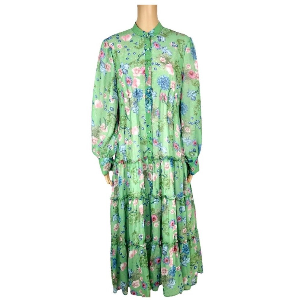 Georgette Maxi Dress XL Floral Maxi Ruffle Bishop Sleeves Button Down Tiered